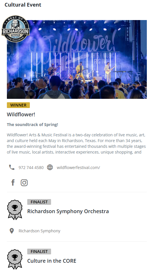 Richardson Life Magazine Best Cultural Event 2026 Wildflower! Arts & Music Festival